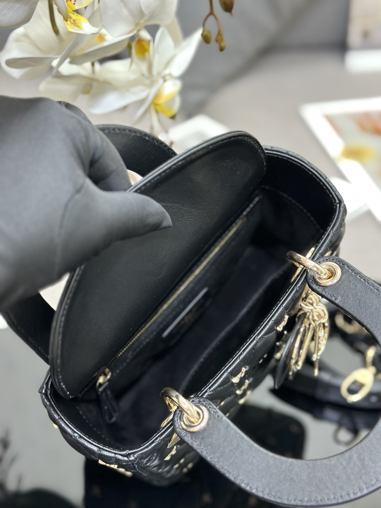 Small Lady Dior Bag Black Lambskin with Butterfly Nail